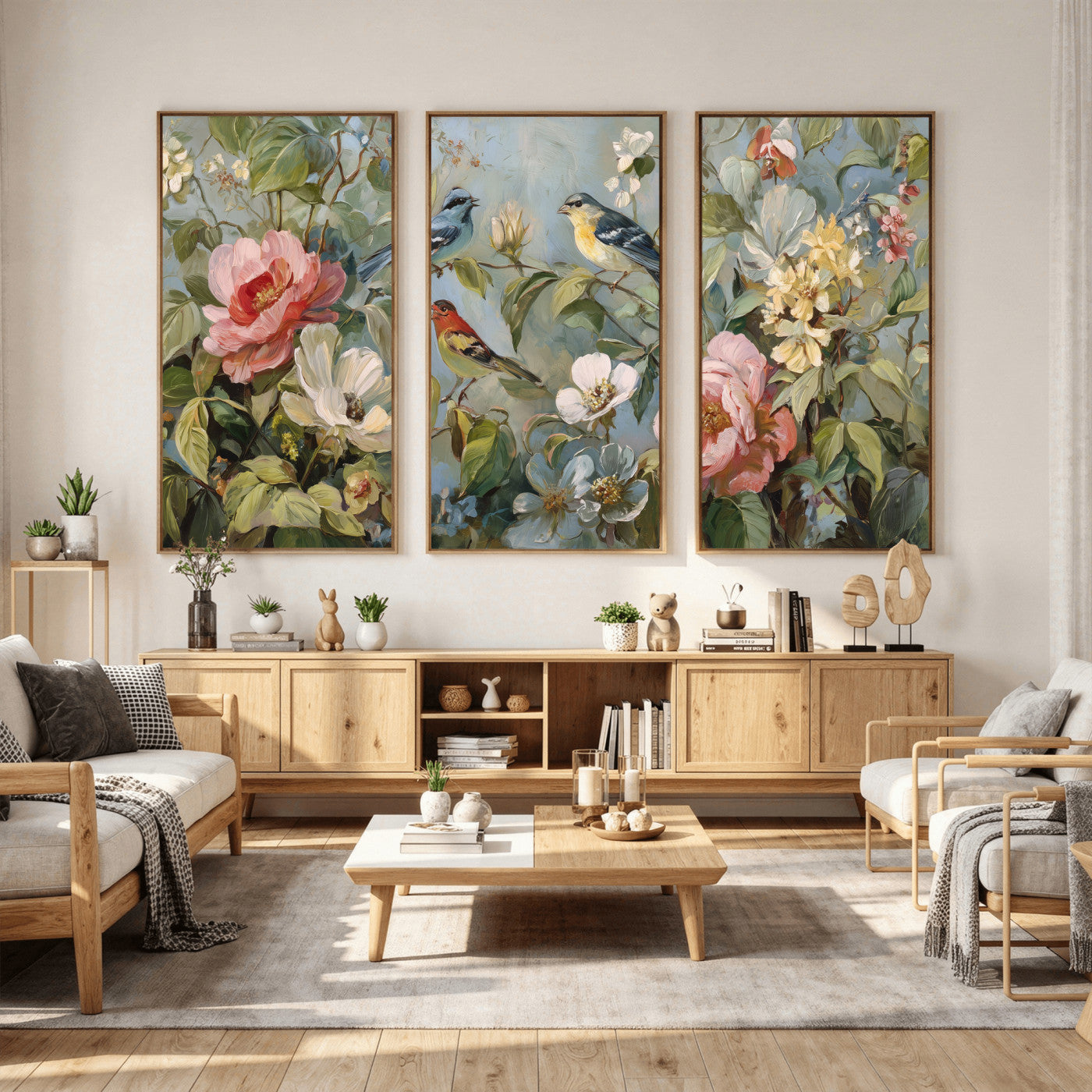 55440837-MGV-CV-36X24 - Vintage Birds and Flowers Wall Art Canvas Print, Botanical Bird Painting Canvas Print, Floral Garden Bird Artwork Canvas Print, Classic Bird Flower Painting Canvas Print