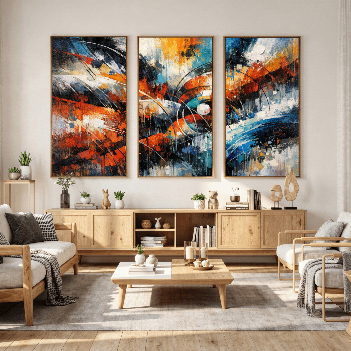 47120691-MGV-CV-36X24 - Geometric Abstract Wall Art Canvas Print, Orange Blue Abstract Expressionist Painting Print, Modern Geometric Abstract Canvas Art