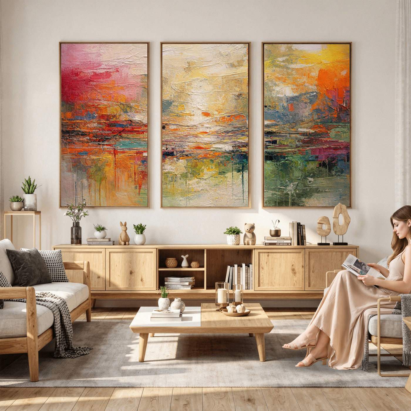 4712069P1-MGV-CV-36X24 - Colorful Abstract Canvas Wall Art — Large Textured Oil Painting Style Print | Orange Red Boho Wall Decor | Modern Living Room Art | Bold Wall Art