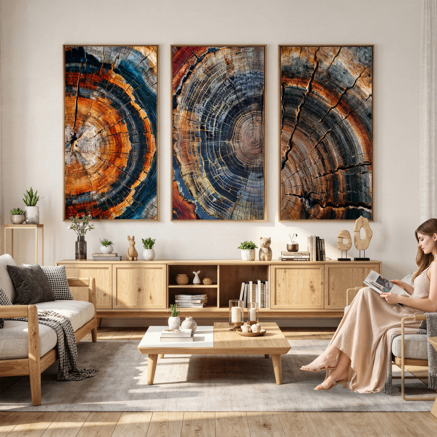 4712069W1-MGV-CV-48X32-3P - Tree Ring Triptych Canvas Wall Art — Set of 3 Wood Grain Print | Rustic Nature Decor | Earth Tone Wall Art | Unique Living Room Art Gift