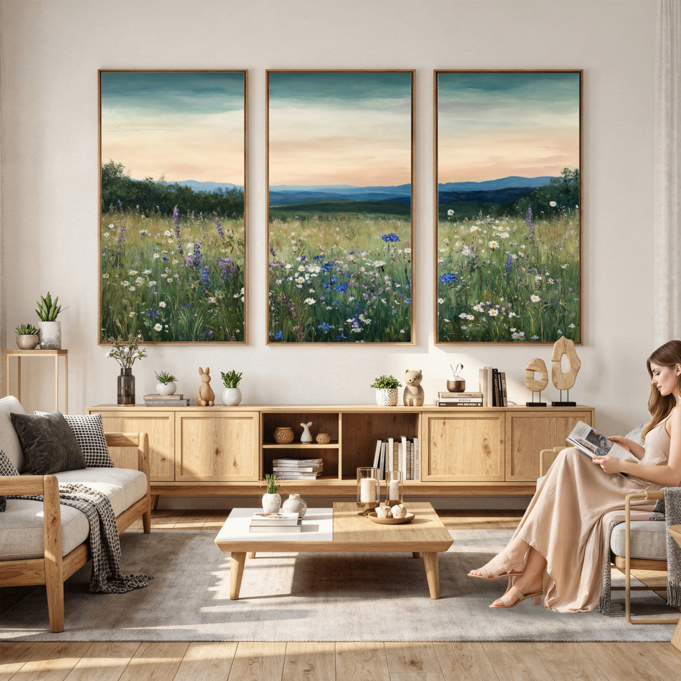 35773805-MGV-CV-36X24 - Wildflower Meadow Oil Painting Canvas Print - Daisy Lavender Mountain Sunset Print | Cottagecore Floral Wall Art - Bedroom Decor Gift for Her