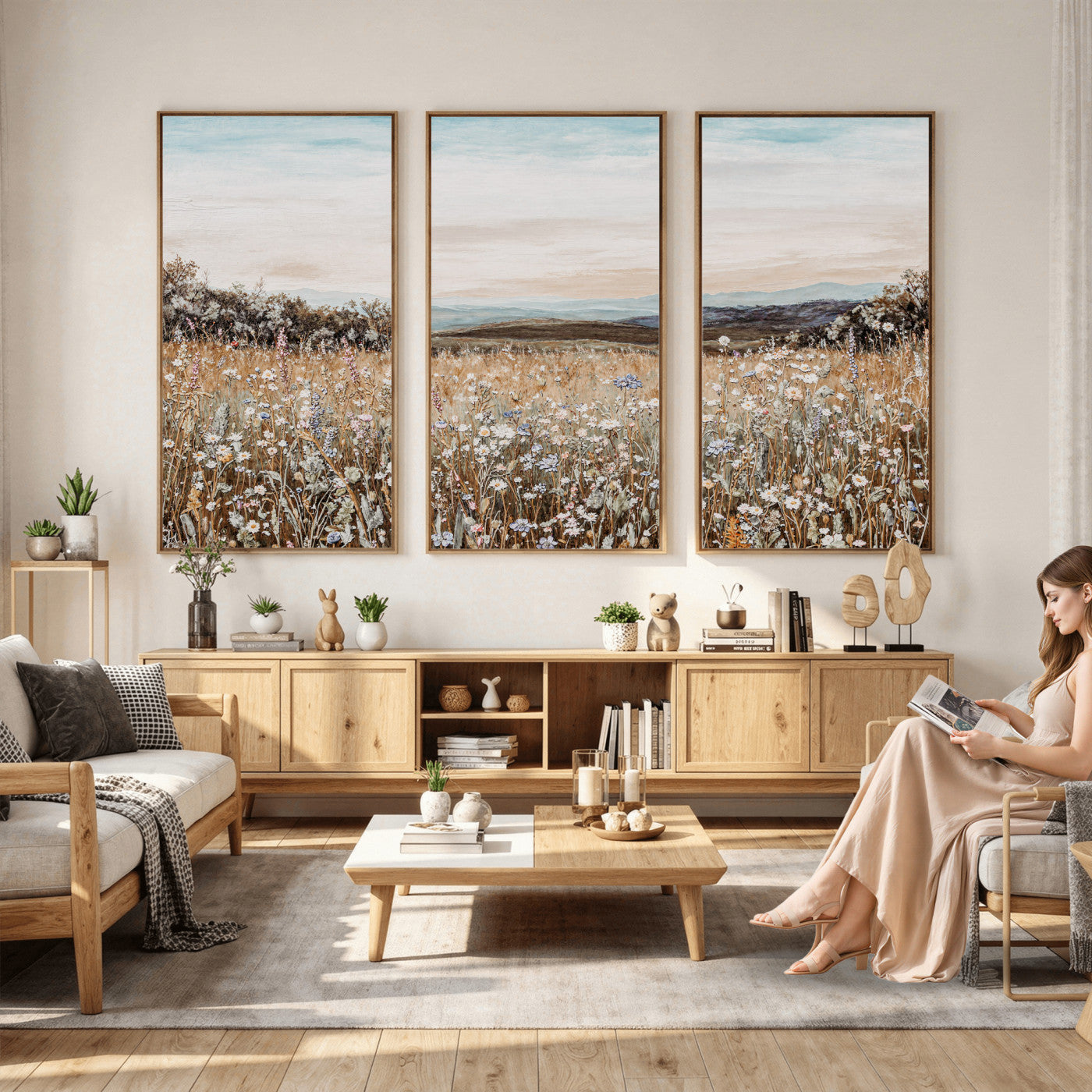 F35773805-MGV-CV-36X24 - Neutral Wildflower Field Canvas Wall Art — Beige Earth Tone Botanical Meadow Print | Farmhouse Boho Decor | Bedroom Living Room Gift Her