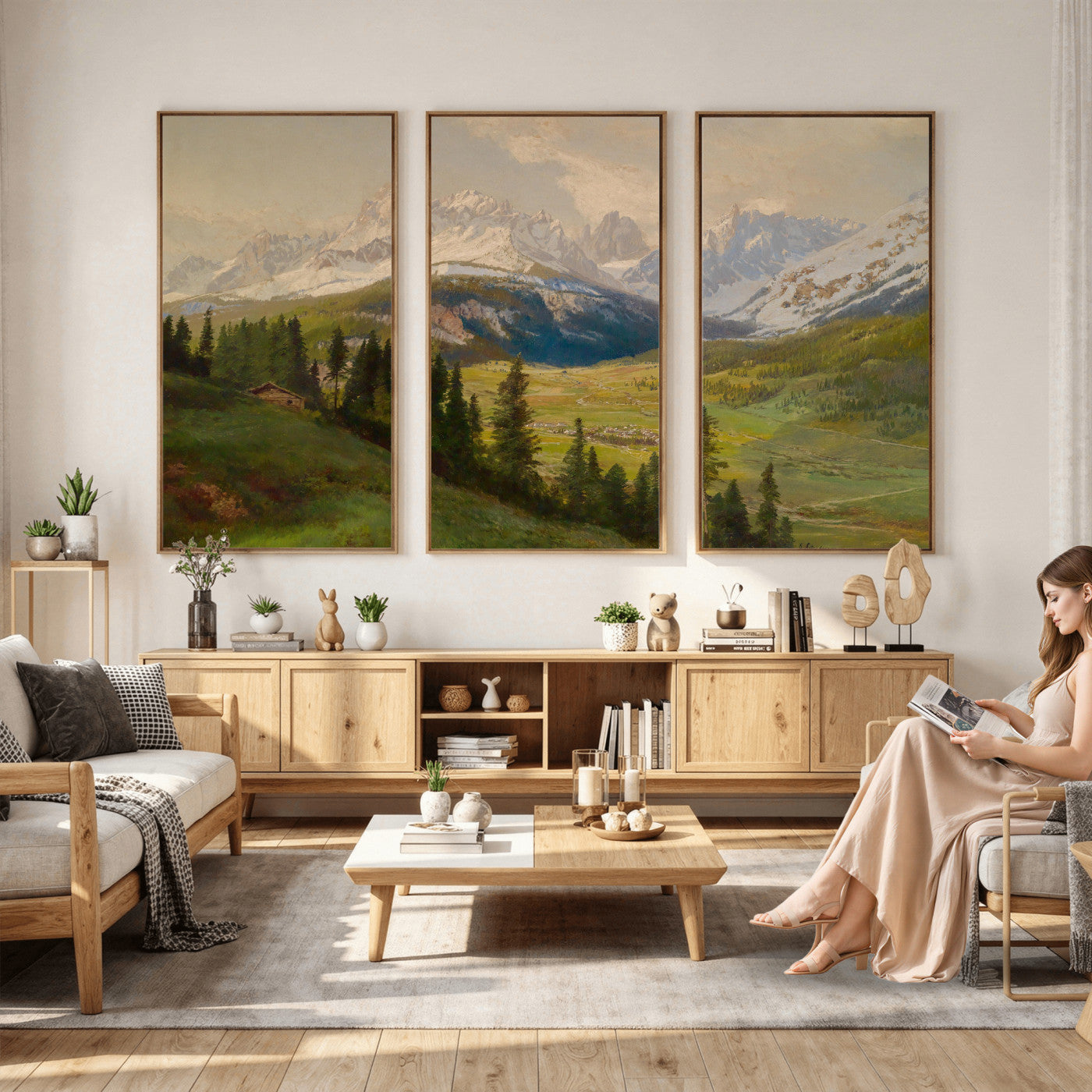 23120262-MGV-CV-36X24 - Konrad Petrides Sexten Village Canvas Print, Alpine Mountain Valley Painting, Dolomites Landscape Art
