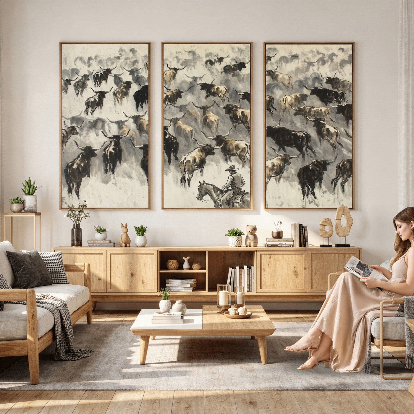 48049876-MGV-CV-36X24 - Cowboy Cattle Drive Canvas Wall Art, Western Longhorn Herd Ink Painting Print, Ranch Rodeo Decor, Black White Western Art, Large Living Room Art