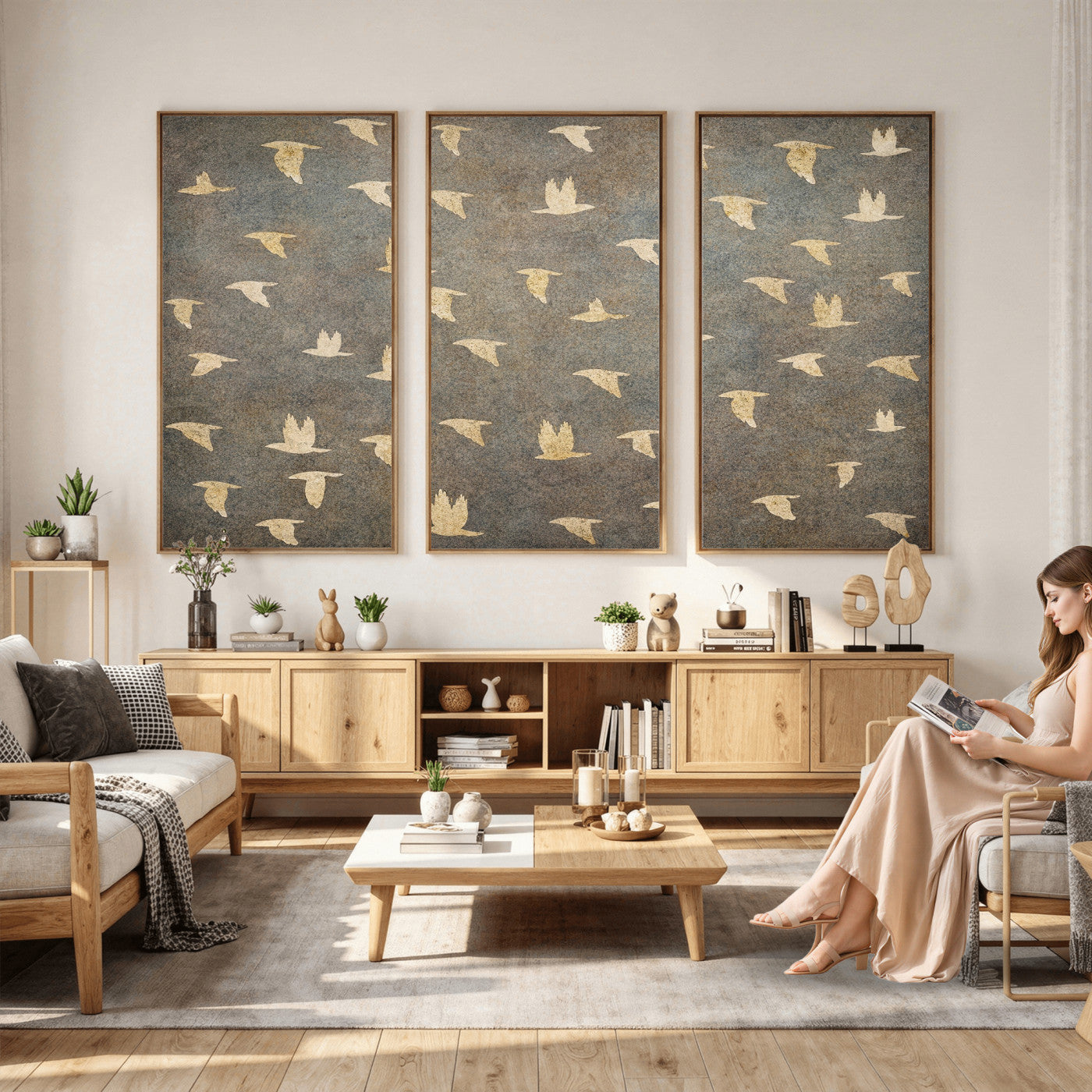 74076164-MGV-CV-36X24 - Flying Birds Canvas Wall Art, Vintage Bird Flock Pattern Print, Grey Gold Abstract Nature Decor, Rustic Bird Silhouette Art, Boho Living Room Decor