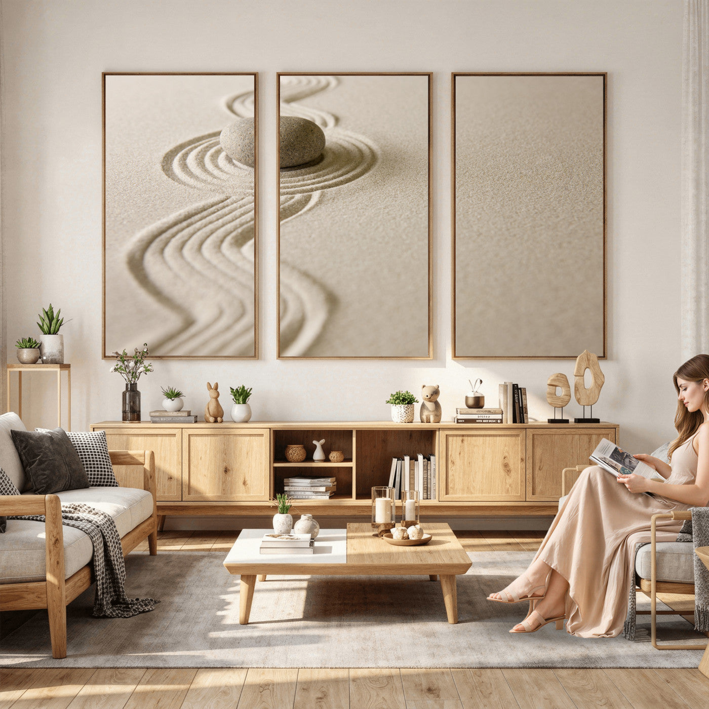 66852661-MGV-CV-36X24 - Zen Garden Stone Sand Canvas | Japanese Rock Garden Wall Art | Minimalist Meditation Print | Neutral Beige Mindfulness Decor