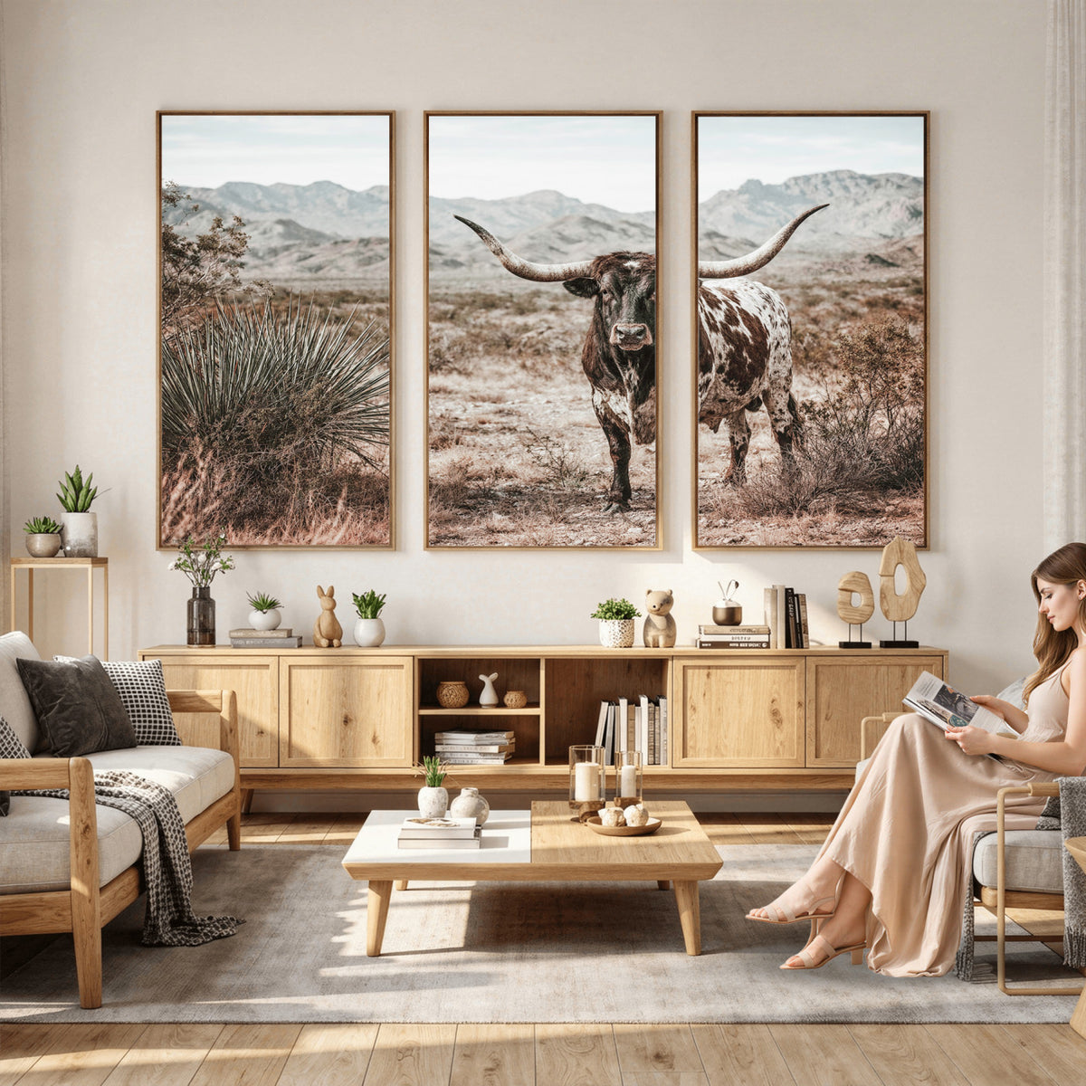 17622011H-MGV-CV-36X24 - Texas Longhorn Bull Wall Art Canvas Print, Western Farmhouse Cowboy Decor, Rustic Texas Ranch Cattle Artwork for Living Room Bedroom Office, Framed Wall Decor