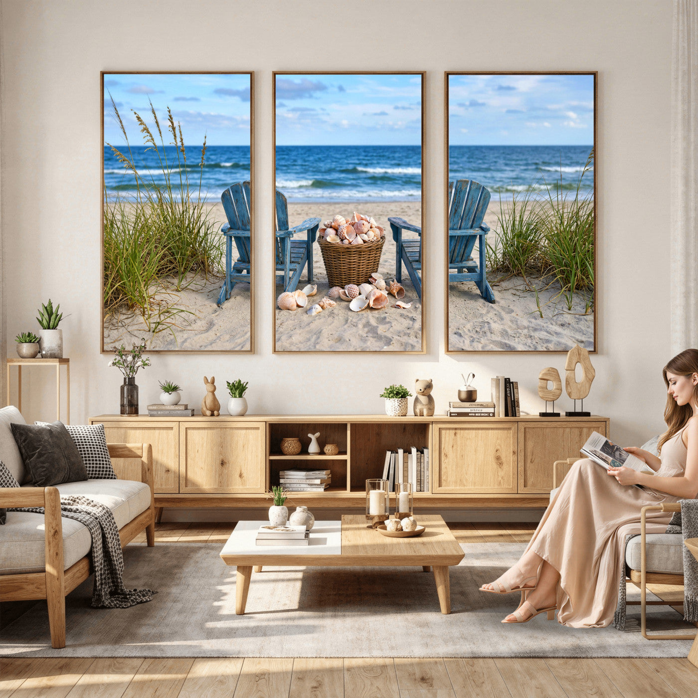 80268829-MGV-CV-36X24 - Large Beach Canvas Wall Art Coastal Adirondack Chairs Ocean Seashells Blue Nautical Framed Large for Living Room Bedroom Bathroom Decor