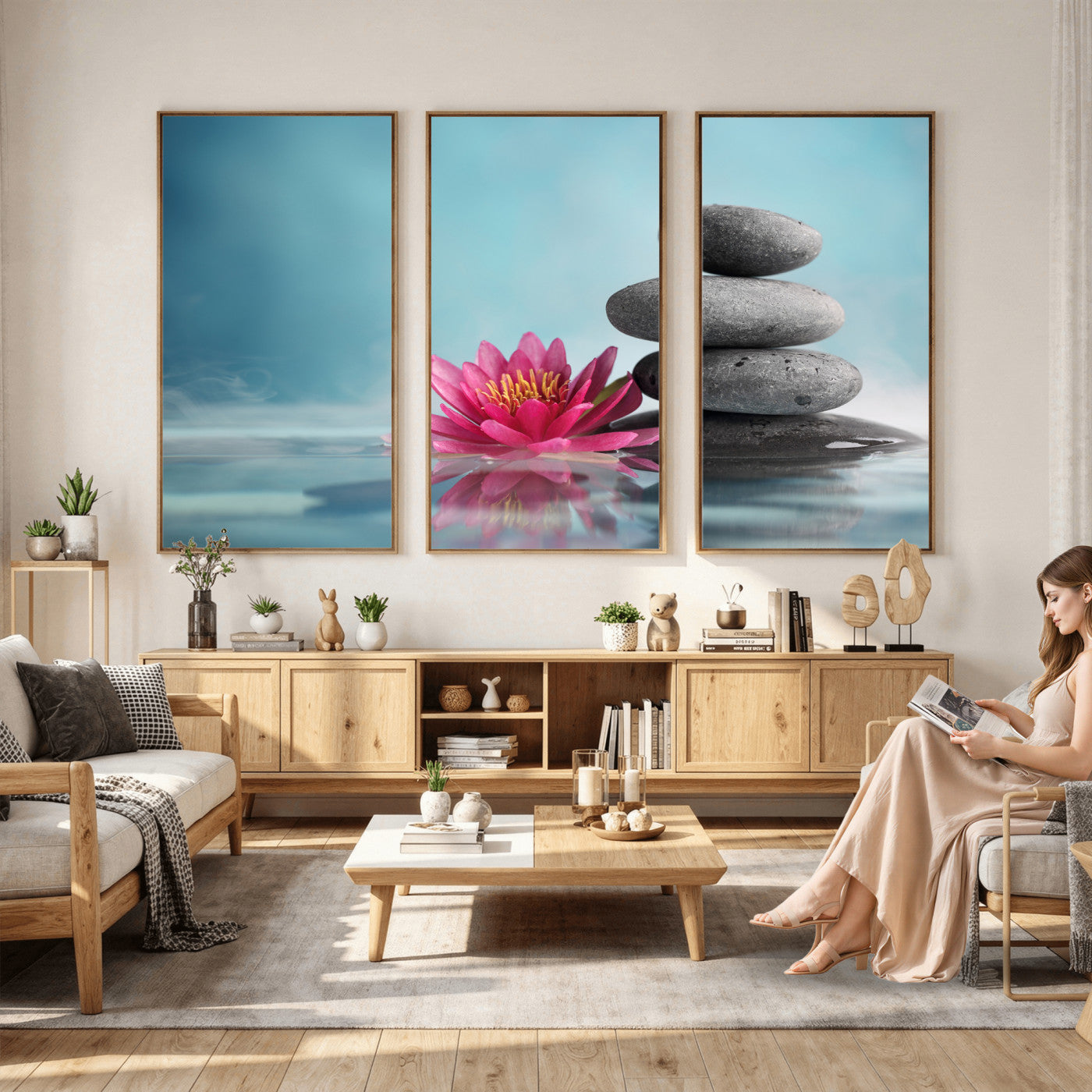 84293154-MGV-CV-36X24 - Zen Canvas Wall Art Lotus Flower Stacked Stones Teal Spa Meditation Relaxation Framed Large for Bathroom Bedroom Living Room Office Decor