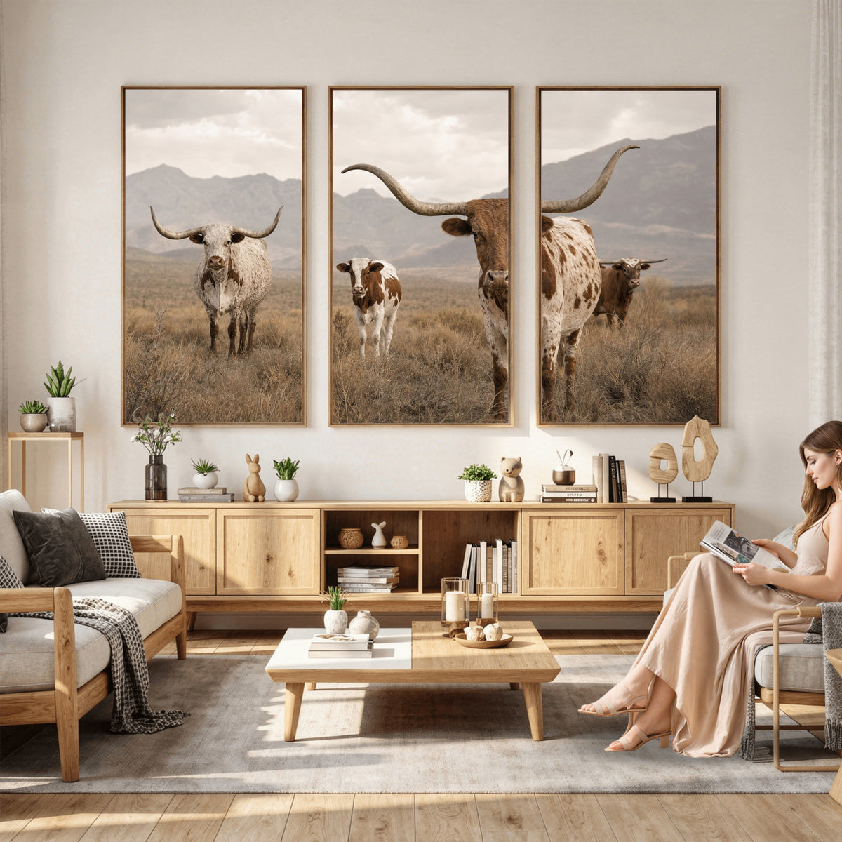 62336425AD-MGV-CV-36X24 - Rustic Texas Longhorn Cow Canvas Wall Art Print, Rustic Farm Animal Photography Print, Farmhouse Country Decor, Western Ranch Art