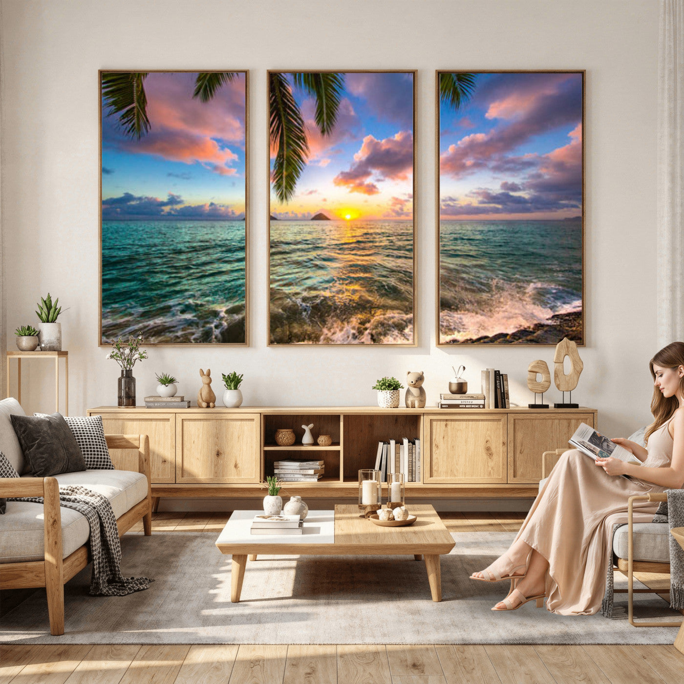 13207742-MGV-CV-36X24 - Hawaii Beach Sunset Canvas Wall Art Print, Tropical Ocean Landscape Artwork, Palm Tree Coastal Decor for Living Room Bedroom