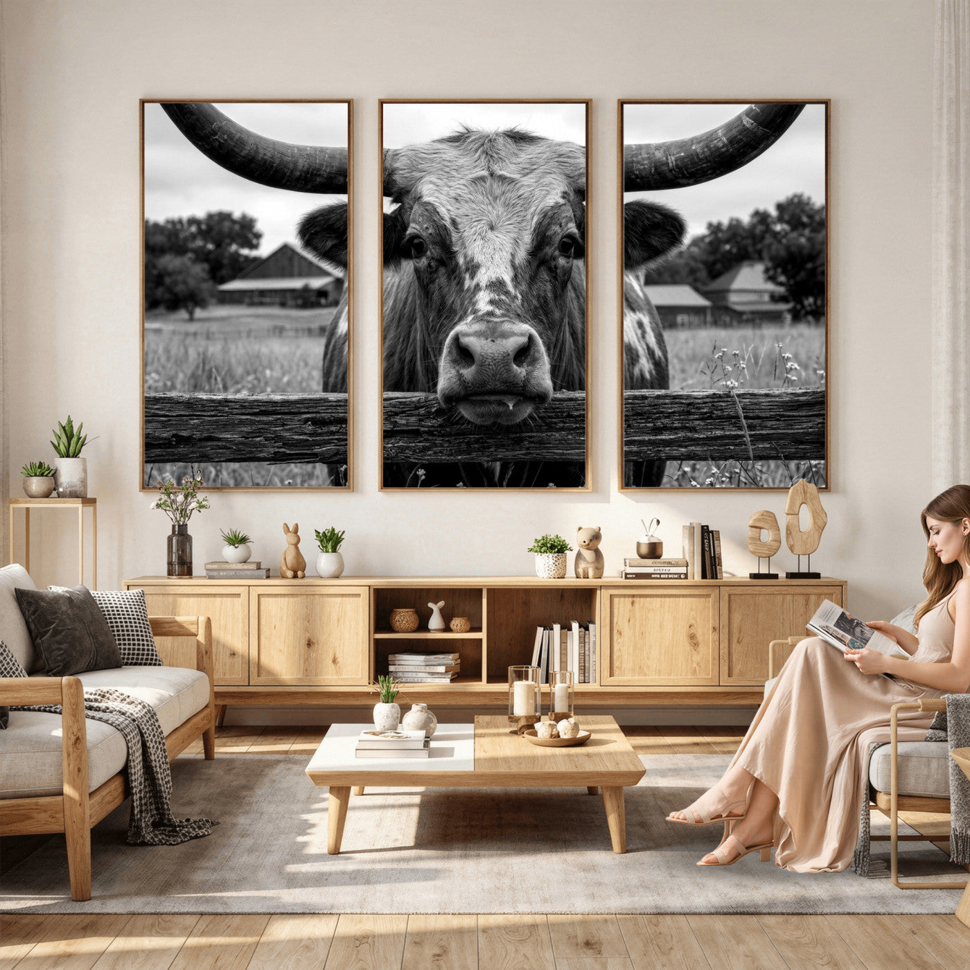 59378683B-MGV-CV-36X24 - Black White Texas Longhorn Bull Canvas Wall Art, Western Ranch Cattle Photography Print, Rustic Farmhouse Cowboy Decor Artwork