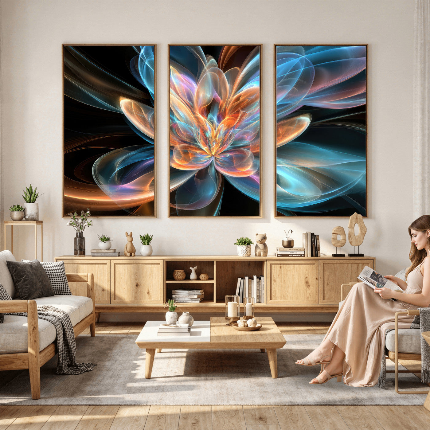 91902283-MGV-CV-36X24 - Fractal Lotus Canvas Wall Art, Blue Orange Glowing Flower Abstract Print, Modern Zen Meditation Room Decor, Ethereal Digital Art, Living Room