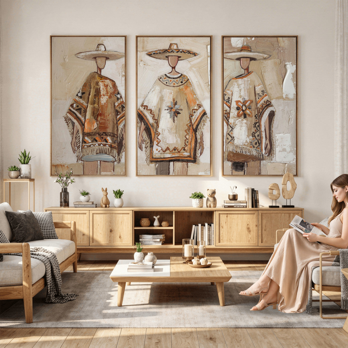 85373290-MGV-CV-36X24 - Mexican Folk Art Canvas Wall Art, Charro Poncho Sombrero Painting Print, Neutral Beige Boho Decor, Southwestern Impasto Style, Living Room Art