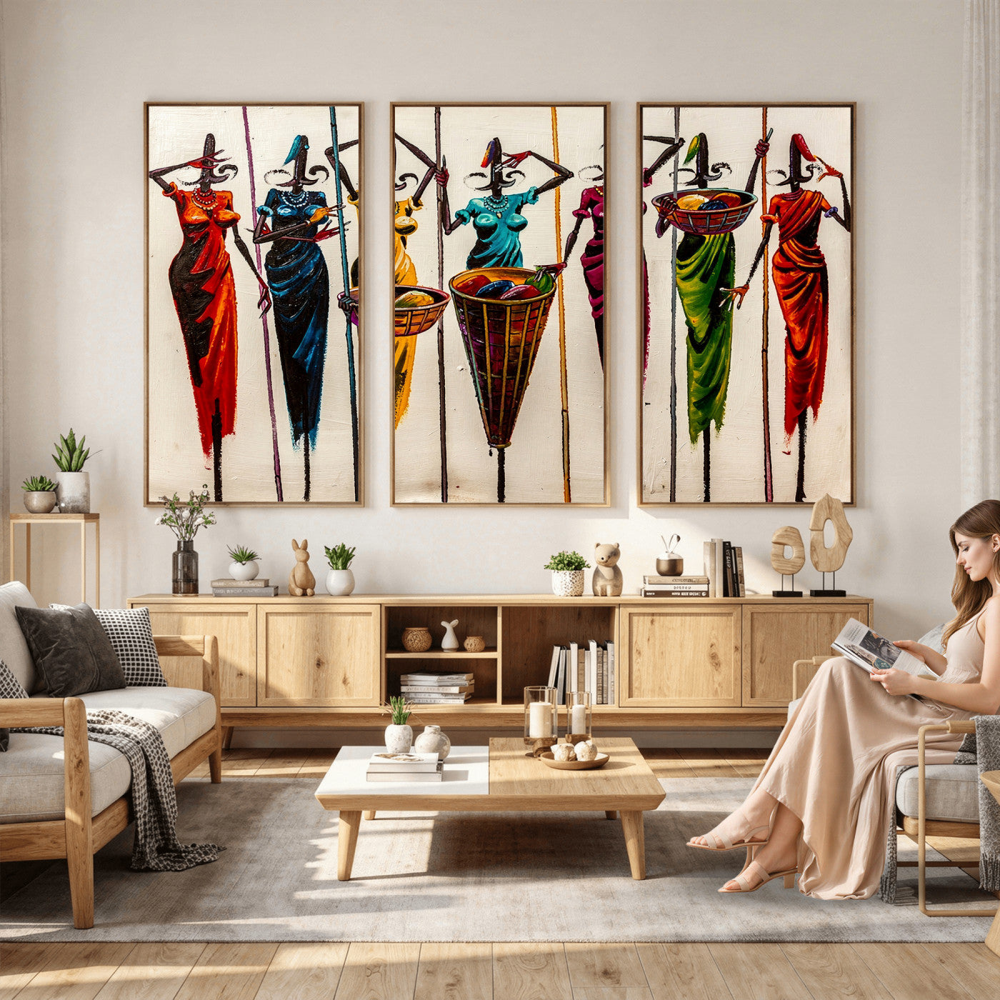 53545627-MGV-CV-36X24 - African Folk Art Canvas Wall Art, Colorful African Women Village Painting Print, Tribal Ethnic Home Decor, Vibrant African Art, Living Room