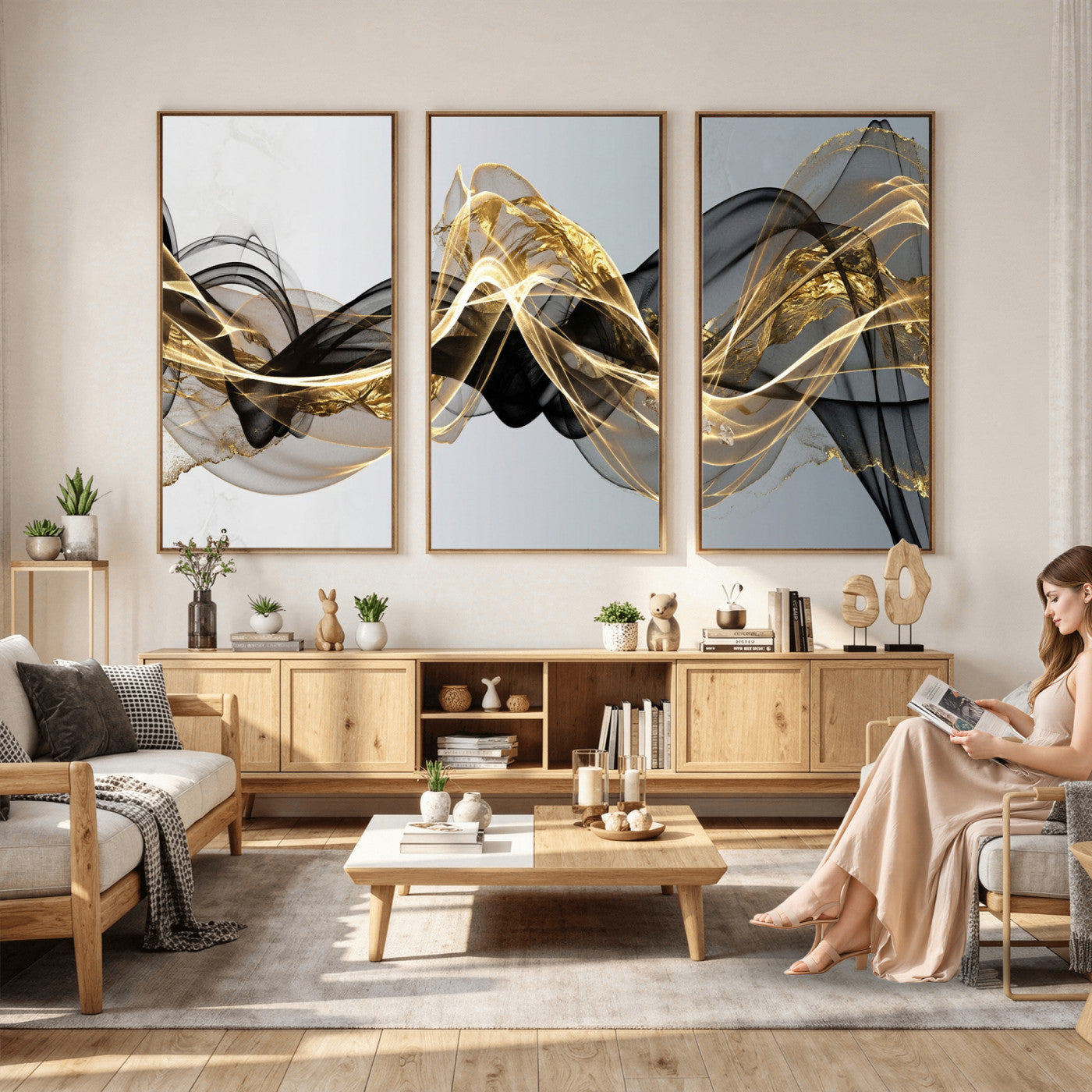 79483321DL-MGV-CV-36X24 - Black and Gold Abstract Wall Art, Modern Wave Canvas Print, Elegant Flowing Smoke Art, Luxury Living Room Decor