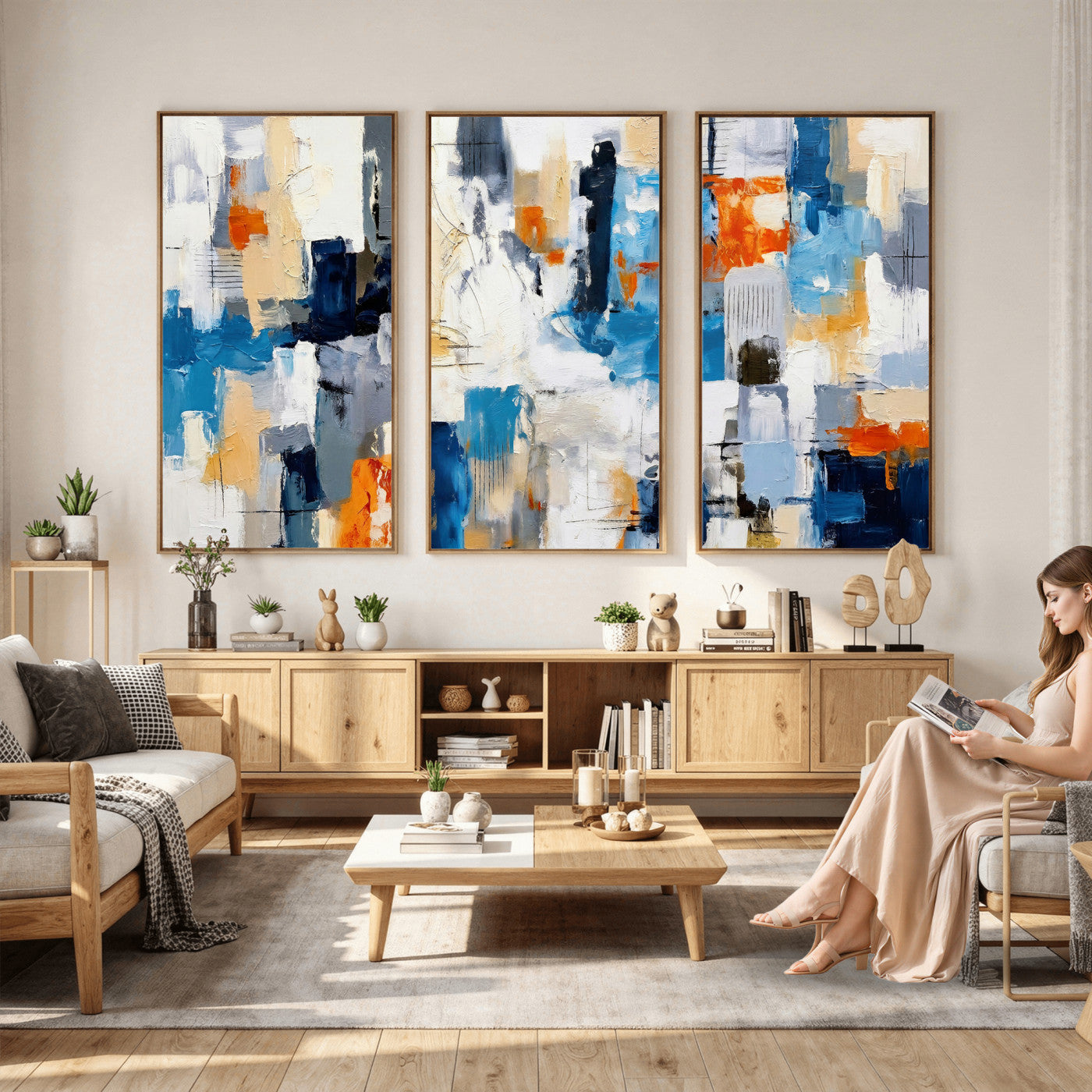 83915061-MGV-CV-36X24 - Blue Teal Abstract Canvas Wall Art, Modern Textured Painting Print, Navy Orange White Contemporary Art, Neutral Living Room Decor, Office Art