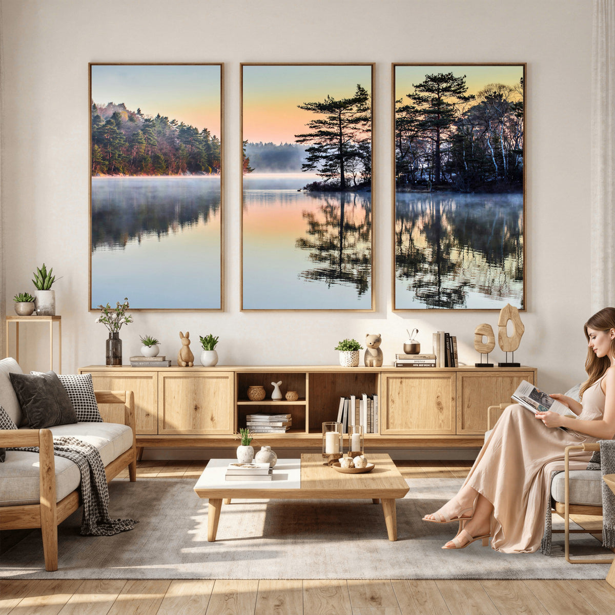 34236027-MGV-CV-36X24 - Before People Wake Canvas Wall Art Print, Misty Lake Sunrise Landscape, Forest Reflection Nature Decor, Ready to Hang