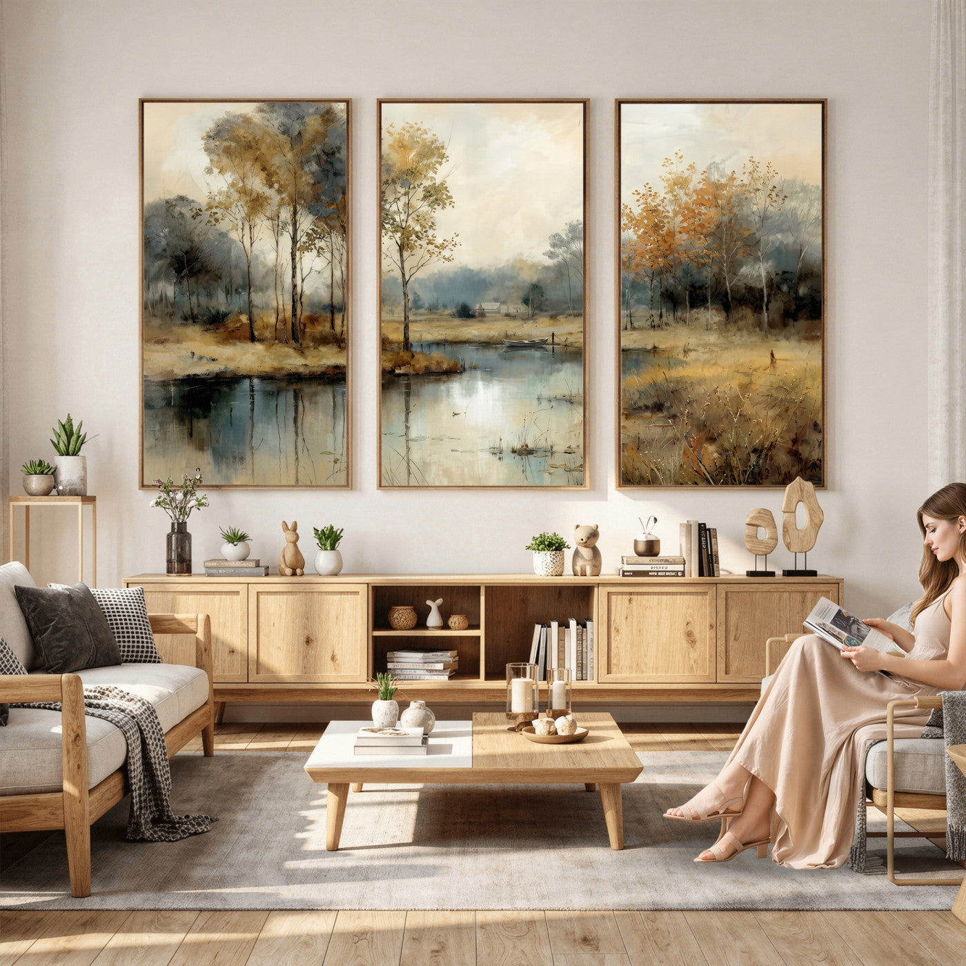 74391095-MGV-CV-36X24 - Abstract WatercolorAutumn Lake Canvas Wall Art Print, Misty Forest Landscape, Rustic Nature Painting, Cabin Wall Decor, Ready to Hang