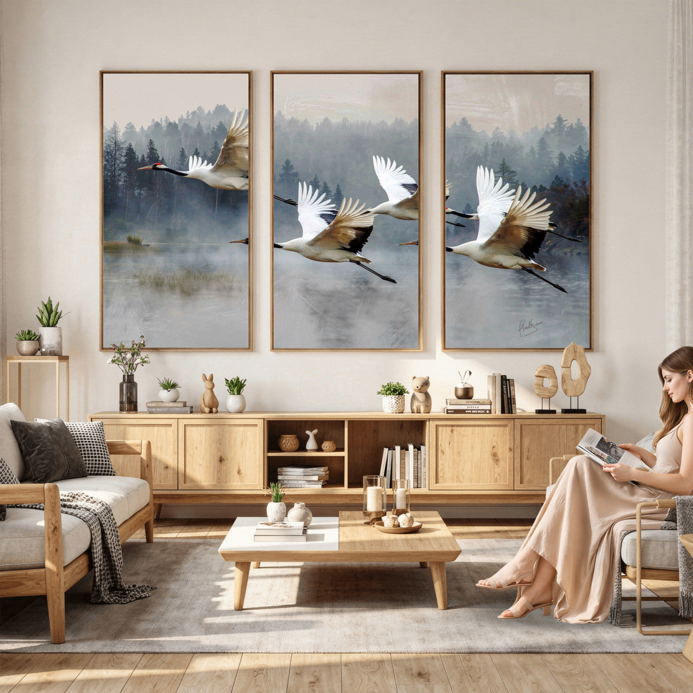 24356826-MGV-CV-36X24 - Flying Crane Canvas Wall Art Print, White Crane Bird Artwork, Wildlife Nature Decor, Lake Landscape Canvas, Ready to Hang