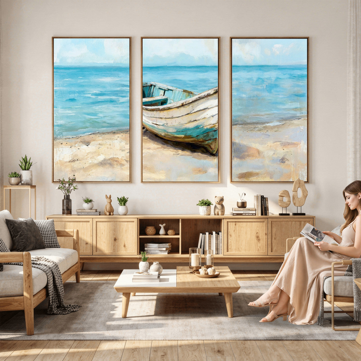 14780565-MGV-CV-36X24 - Coastal Boat Canvas Wall Art Print, Beach Boat Painting, Nautical Ocean Decor, Seascape Wall Art - Ready to Hang