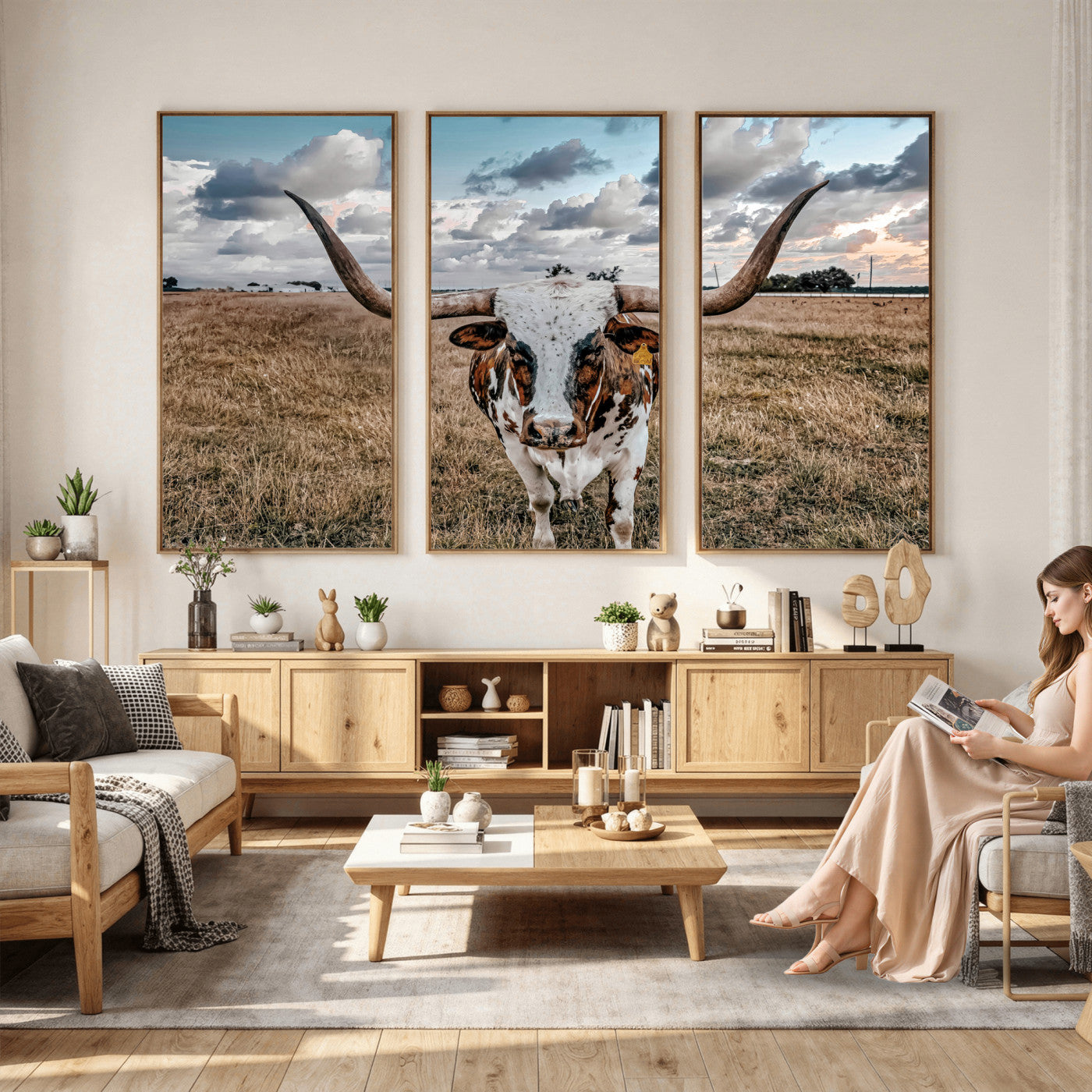 17464823-MGV-CV-36X24 - Texas Longhorn Canvas Wall Art Print, Western Cow Photography, Rustic Ranch Decor, Farmhouse Wall Art, Ready to Hang