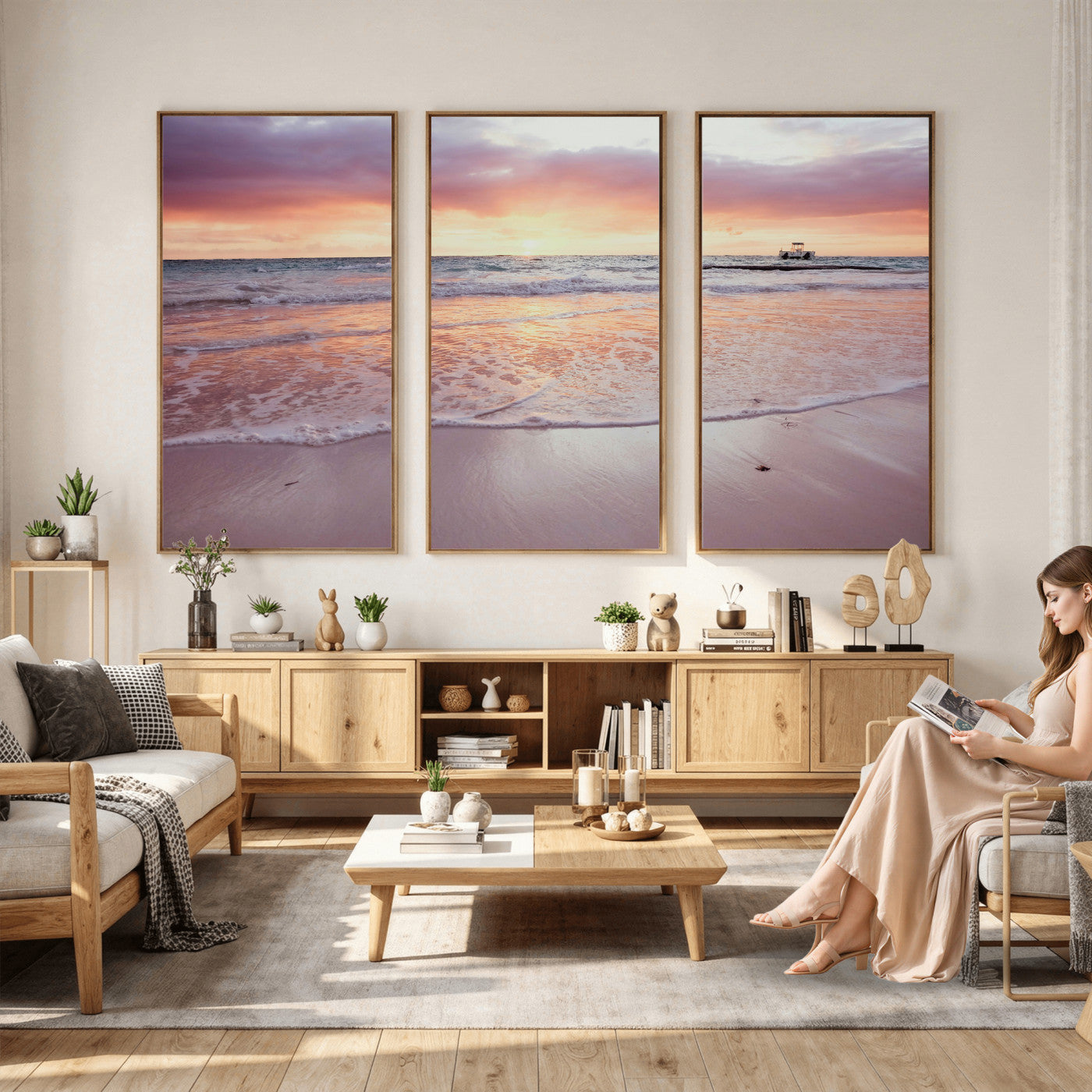 44765395-MGV-CV-36X24 - Beach Sunset Canvas Wall Art Print, Ocean Waves Landscape, Coastal Photography, Seascape Wall Decor, Ready to Hang