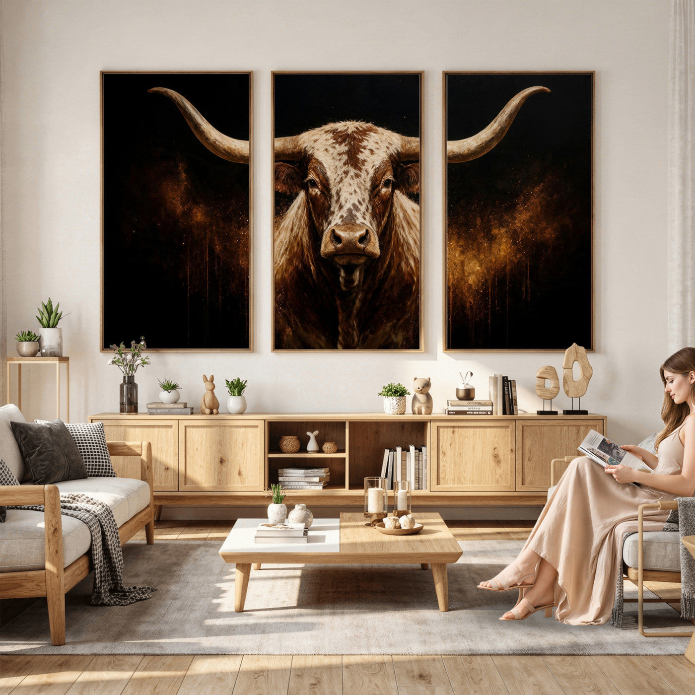 62076449-MGV-CV-48X32-3P - Texas Bull Cow Longhorn Canvas Wall Art Moody Western Bull Oil Painting Print