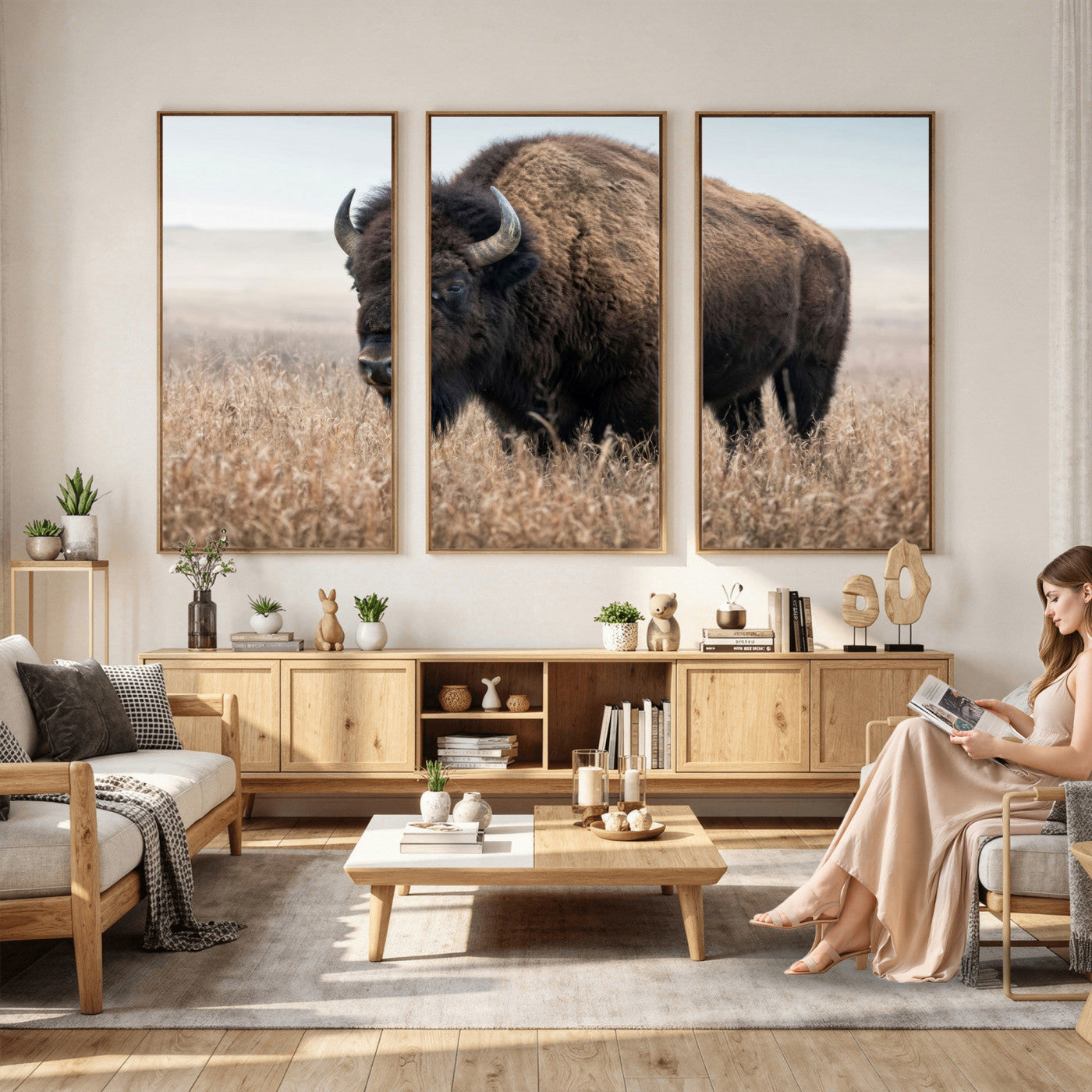 81029583-MGV-CV-36X24 - American Bison in Prairie Field Wall Art Canvas Print - Rustic Wildlife Photography