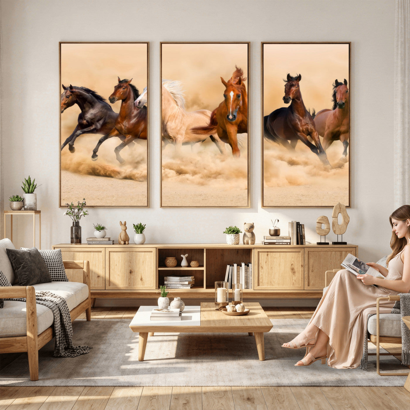 90610949-MGV-CV-36X24 - Herd of Six Wild Horses Galloping in Dust Storm Wall Art Canvas Print - Majestic Wildlife Decor