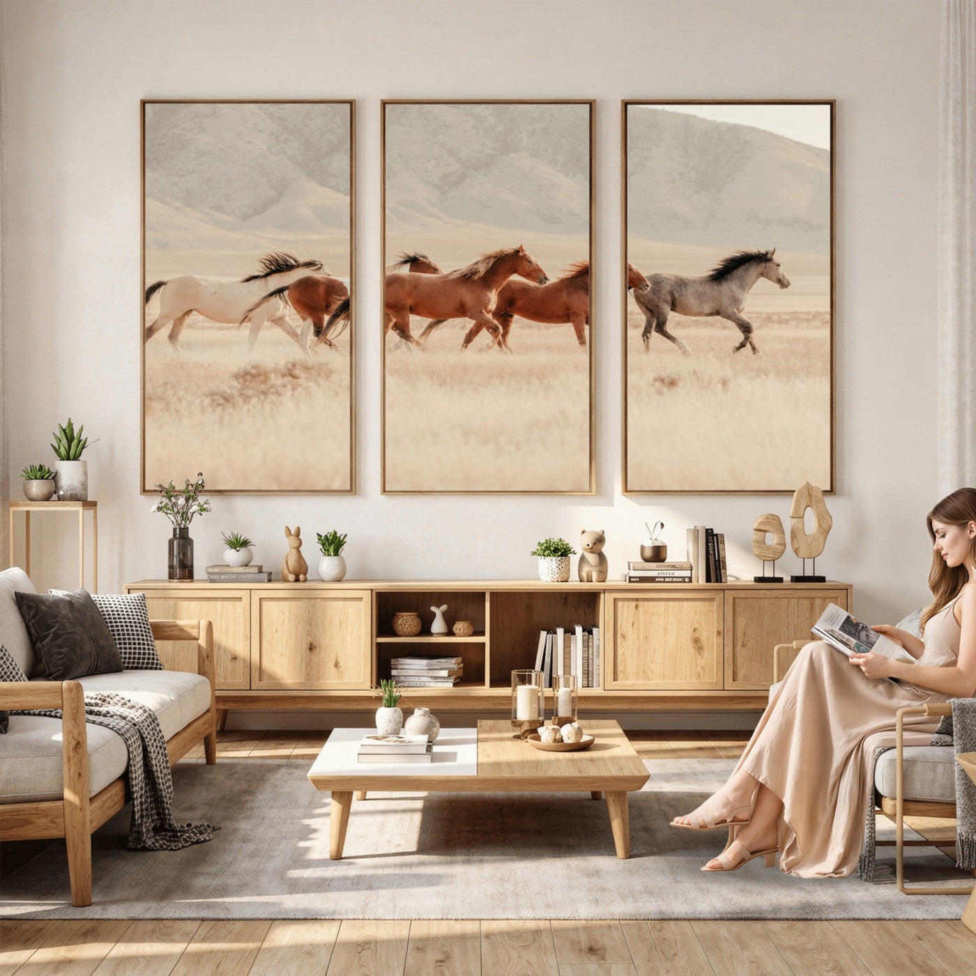 43348446-MGV-CV-36X24 - Herd of Wild Horses Running in Desert Mountain Wall Art Canvas Print - Boho Western Landscape
