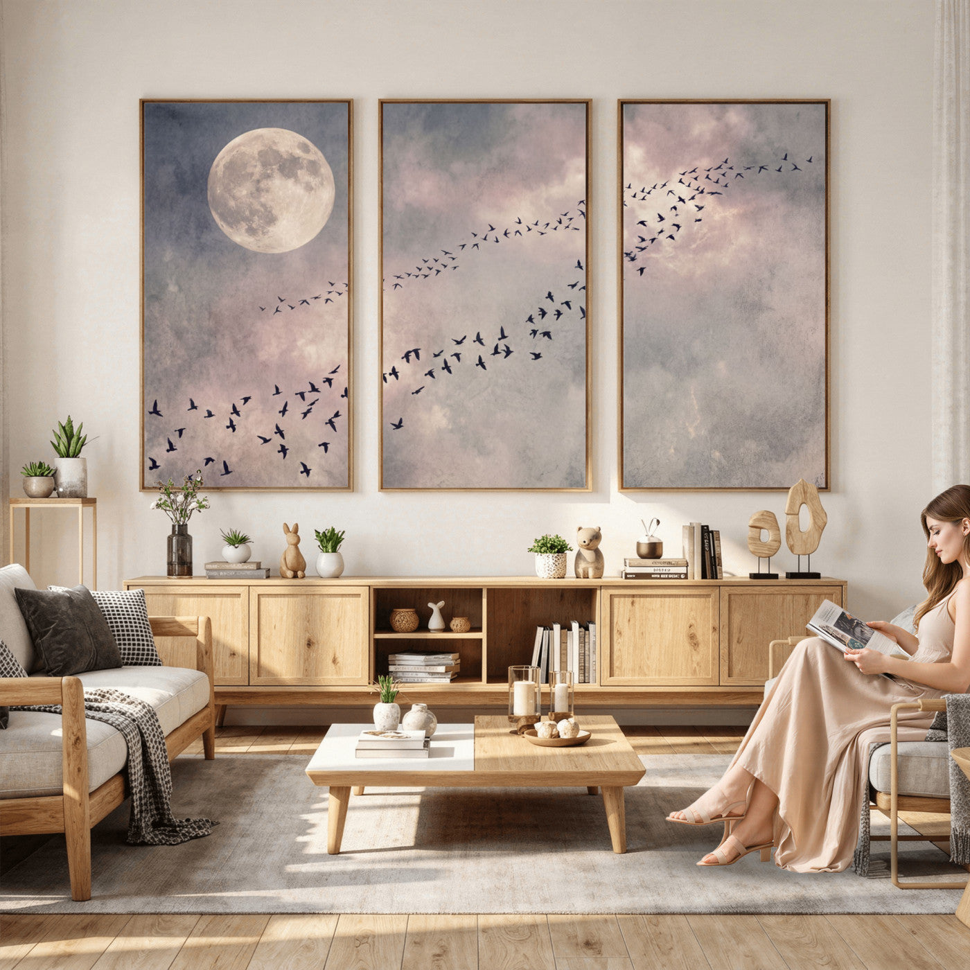 52339590-MGV-CV-36X24 - Birds Flying to Moon Wall Art Canvas Print - Vintage Surreal Night Sky Sky Print