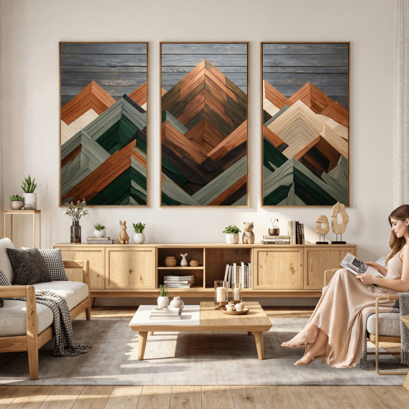 84617347-MGV-CV-36X24 - Geometric Wood Mountain Wall Art Canvas Print, 3D Look Rustic Mosaic Landscape Print