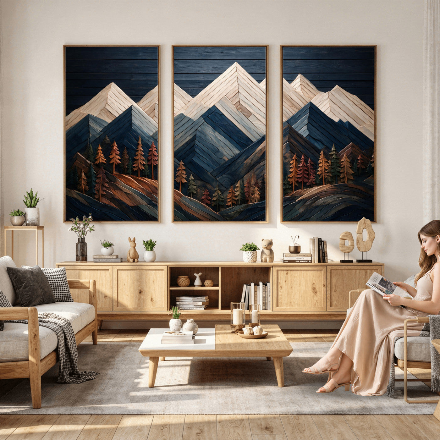 87765072-MGV-CV-36X24 - Geometric Wood Mountain Wall Art Canvas Print, 3D Look Rustic Mosaic Landscape Print