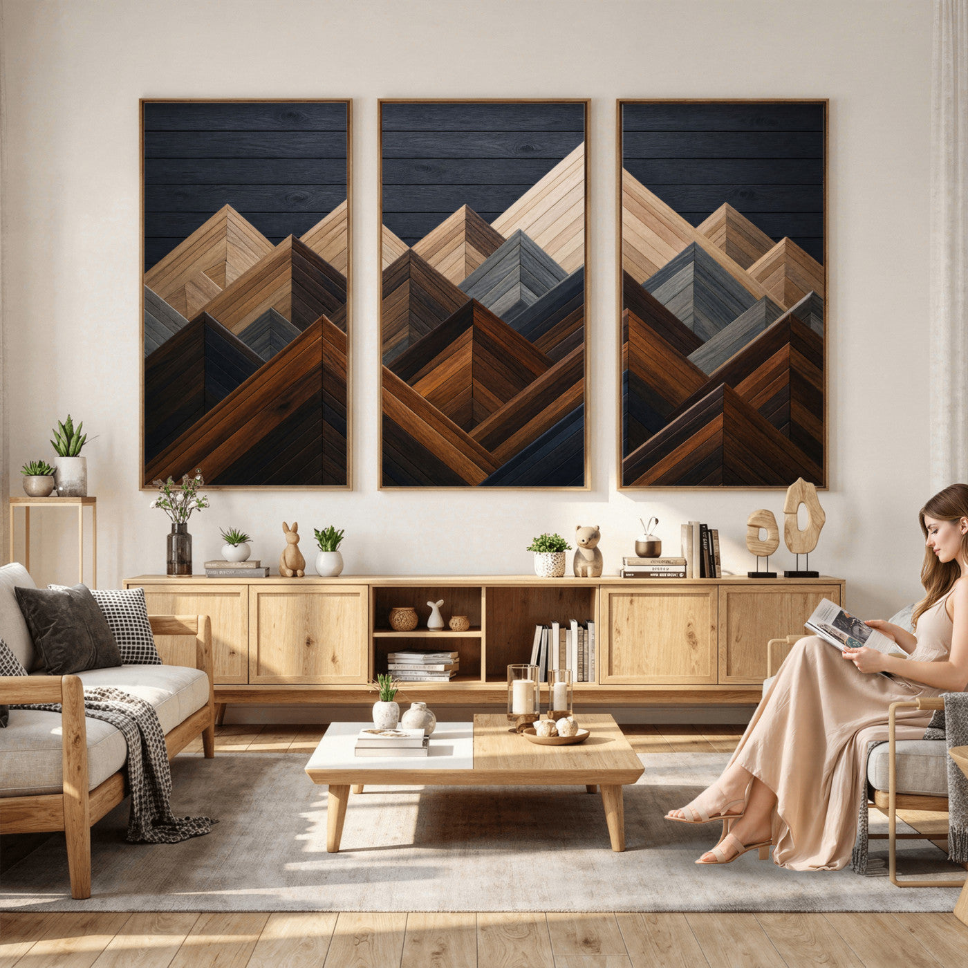 70531117-MGV-CV-36X24 - Geometric Wood Mountain Wall Art Canvas Print, 3D Look Rustic Mosaic Landscape Print