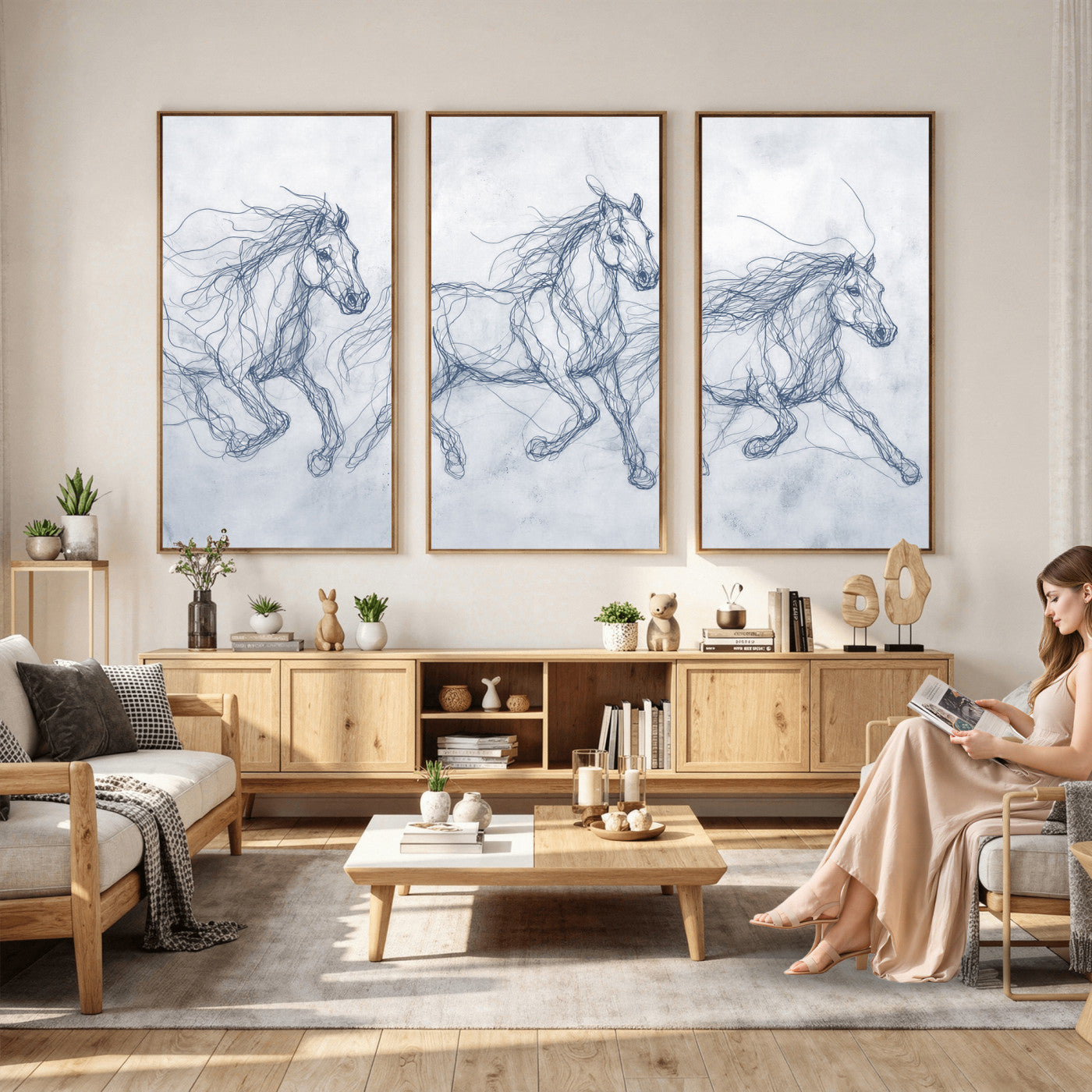 41163601-MGV-CV-36X24 - Indigo Blue Horse Line Art Canvas, Steel Grey Wild Horses Print, Abstract Navy Scribble Artwork, Modern Slate Equine Wall Decor, Coastal Ranch Gift