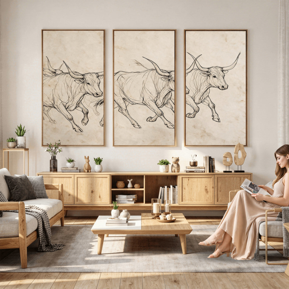 87177621-MGV-CV-36X24 - Minimalist Longhorn Line Art, Modern Texas Bull Canvas Print, Abstract Western Wall Decor, Continuous Line Artwork, Black White Ranch Gift