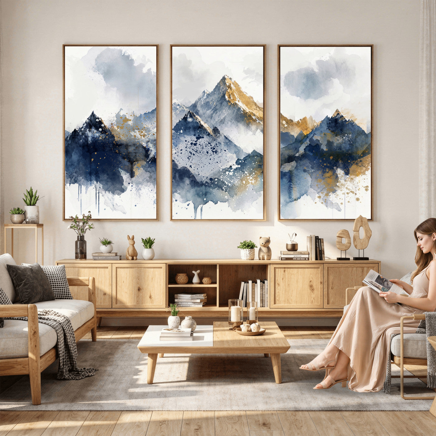 87460616-MGV-CV-36X24 - Abstract Mountain Canvas Wall Art, Blue Gold Foil Landscape Print, Modern Indigo Watercolor Poster, Large Abstract Nature, Luxury Office Gift