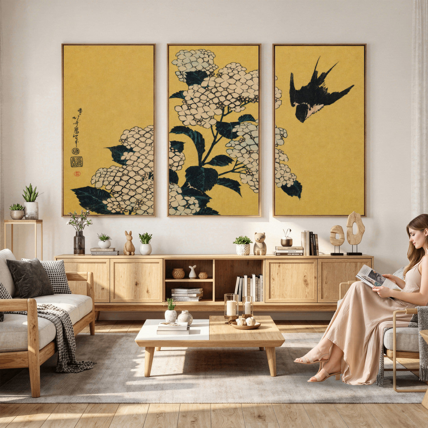 92483501-MGV-CV-36X24 - Katsushika Hokusai Hydrangea and Swallow Wall Art Canvas Print, Japanese Woodblock Painting Print