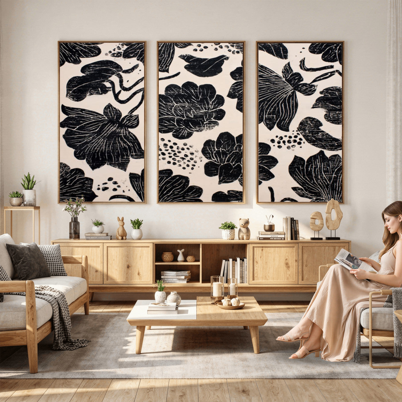 81787117-MGV-CV-36X24 - Linocut Black Lotus Floral Wall Art Canvas Print, Vintage Monochrome Botanical Painting Print