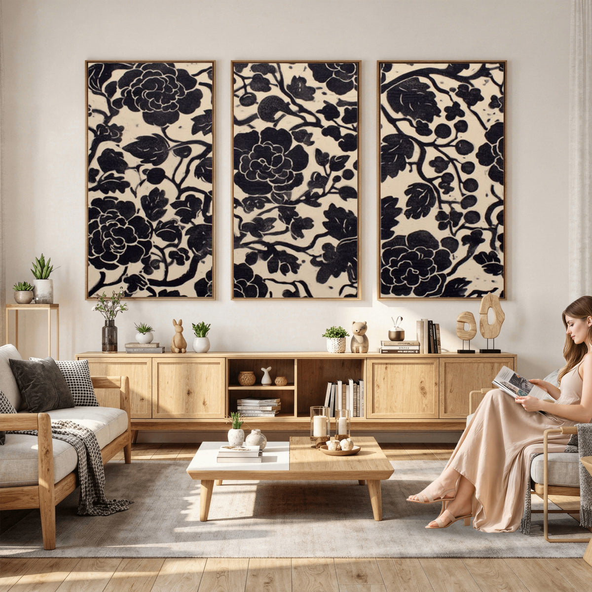 86696255-MGV-CV-36X24 - Vintage Black and Cream Floral Wall Art Canvas Print, Chinoiserie Botanical Painting Print