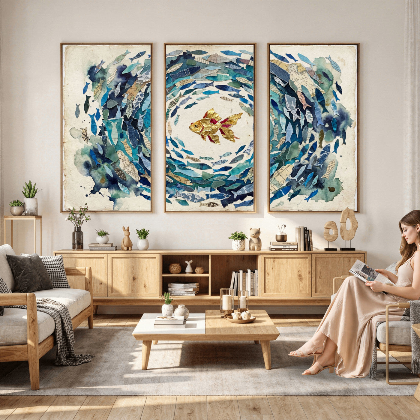 73165663-MGV-CV-36X24 - Mixed Media Blue Fish Swirl Canvas Wall Art, Goldfish Collage Ocean Print