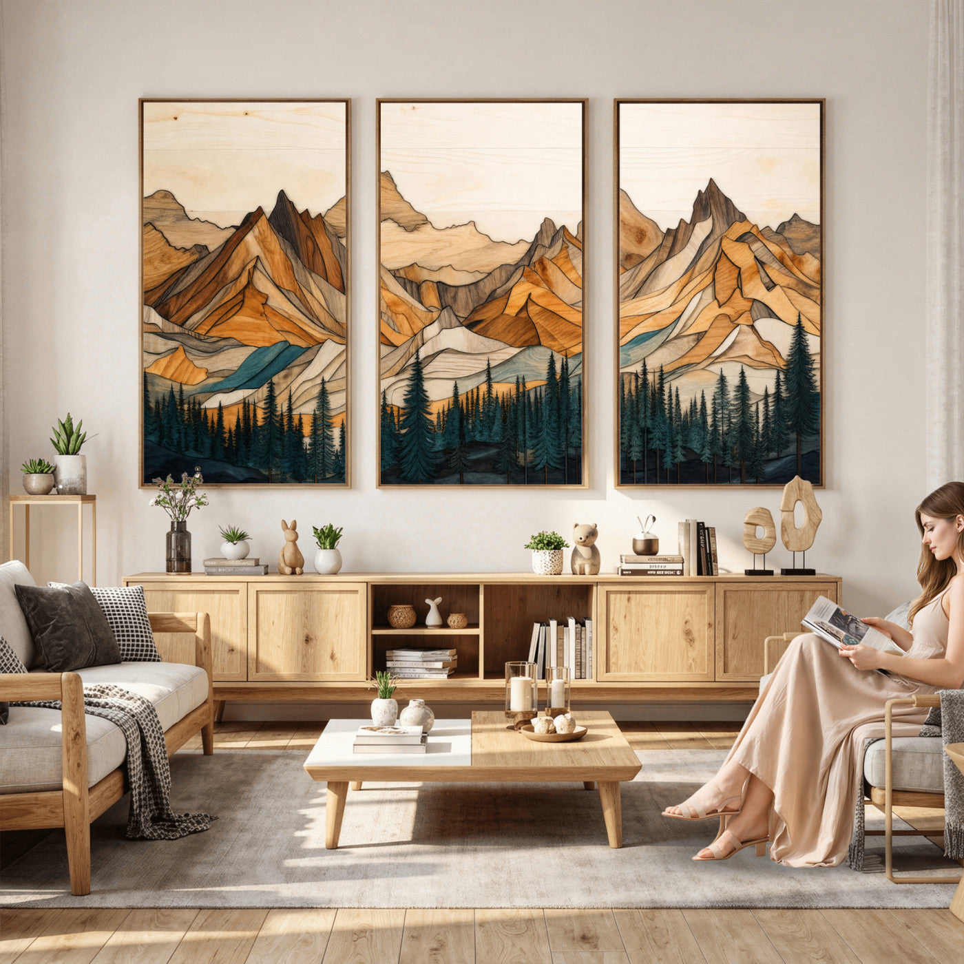 57384313-MGV-CV-48X32-3P - Mountain Landscape Canvas Wall Art with Wood Grain Effect, Golden Peaks and Teal Pine Forest, Framed Cabin Decor