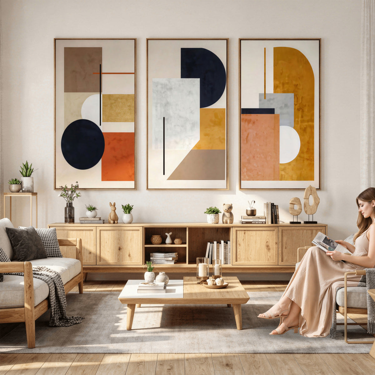 87361249-MGV-CV-48X32-3P - Mid Century Modern Geometric Canvas Wall Art, Abstract Triptych Print