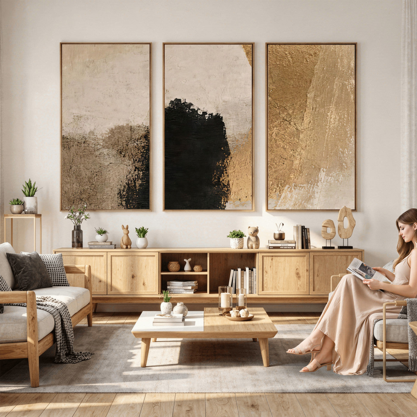 36003778-MGV-CV-48X32-3P - Mid Century Modern Geometric Canvas Wall Art, Abstract Triptych Print