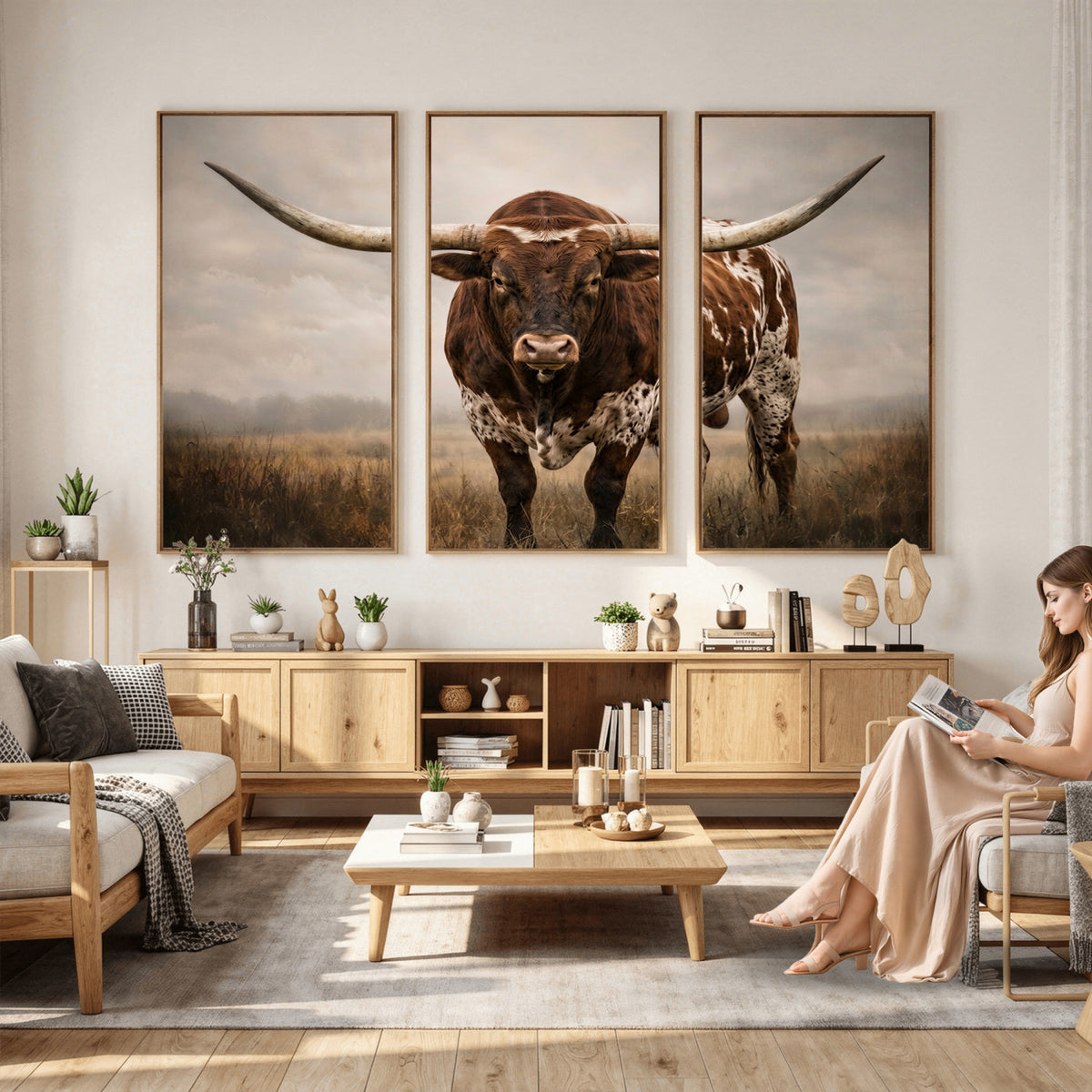 25239047A-MGV-CV-36X24 - Texas Longhorn Canvas Wall Art Western Bull Desert Moody Grey Overcast Rustic Farmhouse Framed Large for Living Room Bedroom Office Decor