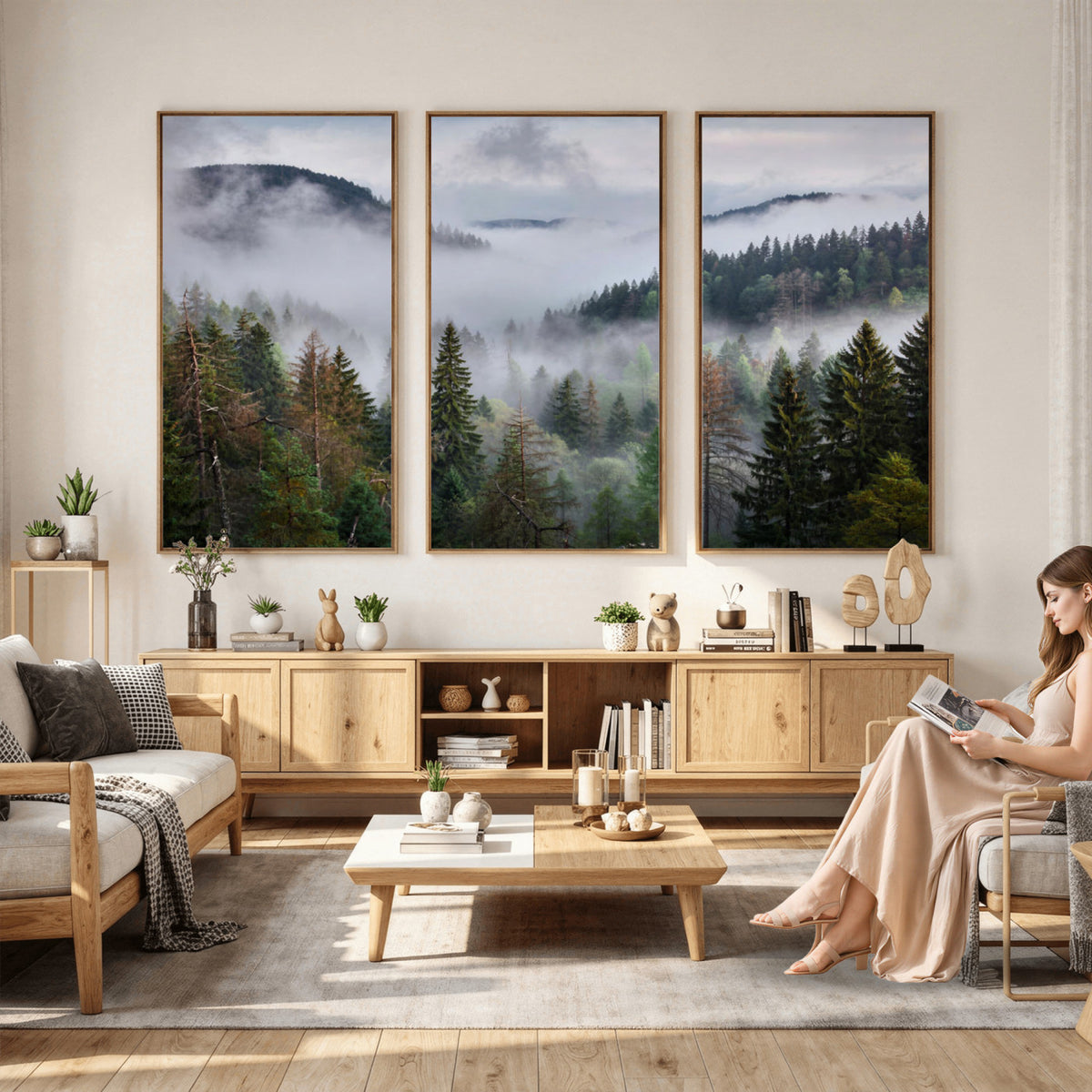 18735847-_Poster-30x20 - Foggy Pine Forest Mountain Canvas Print 3 Piece Framed Wall Art Extra Large Floating Frame Nature Poster Made in USA