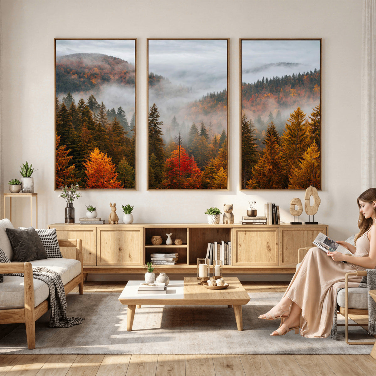 87481341-_Poster-30x20 - Foggy Autumn Mountain Canvas Print Smoky Pine Forest Wall Art Panoramic Nature Poster 3 Piece Made in USA