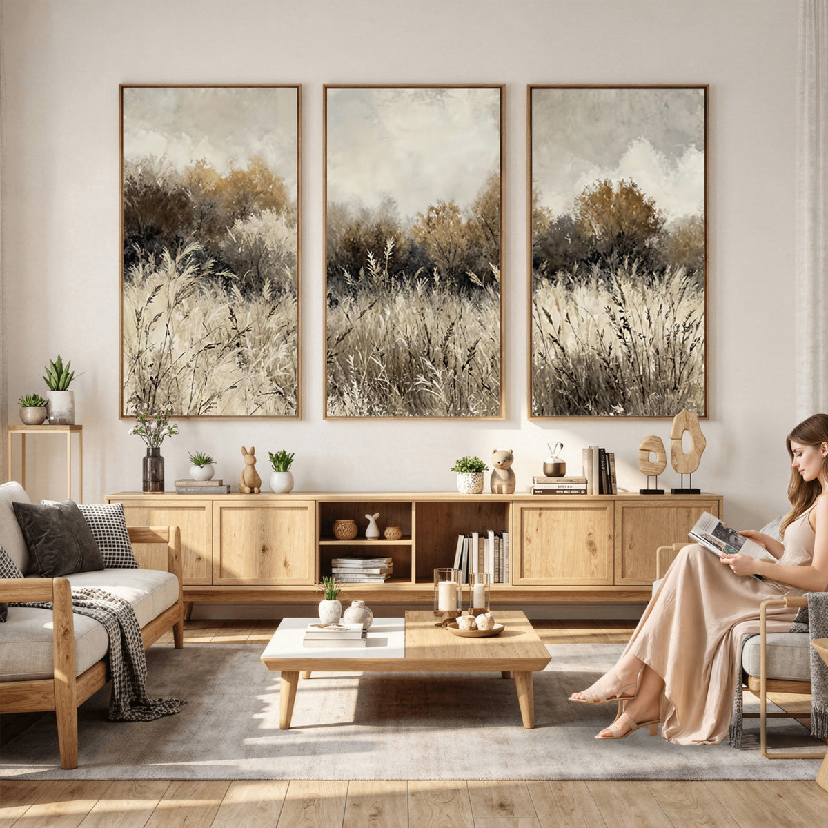 53959945-MGV-TP-30X20 - Muted Neutral Forest Landscape Canvas Wall Art - Vintage Rustic Wildflower Meadow Print