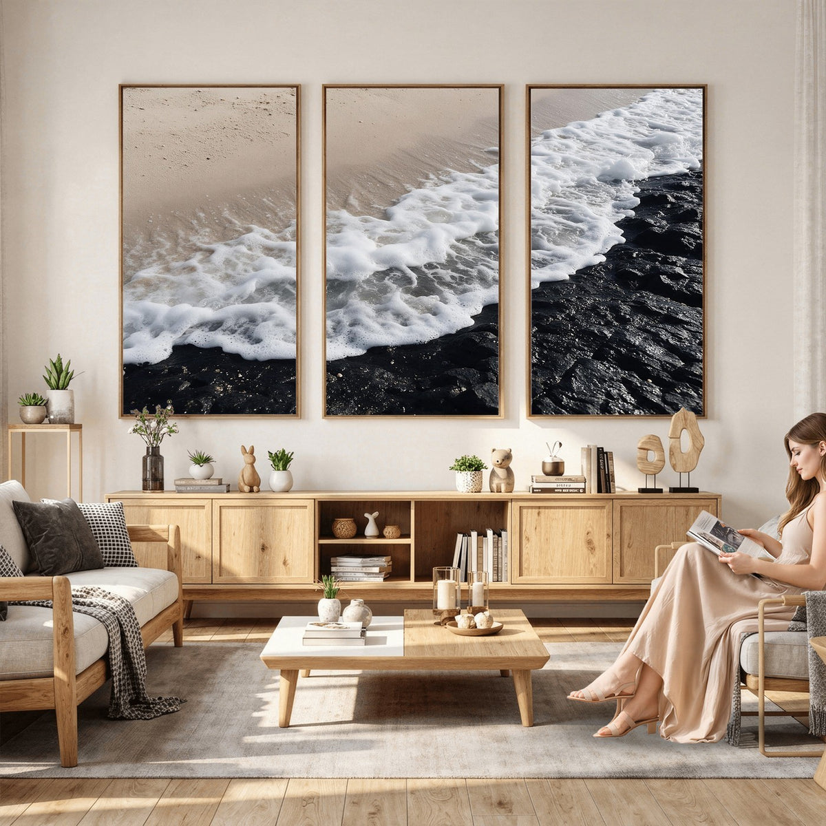 27448606-MGV-CV-24X16 - Ocean Wave Foam on Black Lava Rock Beach Canvas Wall Art Print